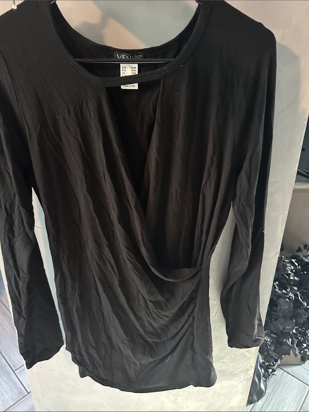 VENUS Black Draped Front Long Sleeve Top